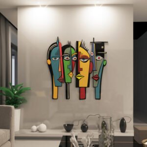 Abstract wall art with four colorful faces – modern decorative panel